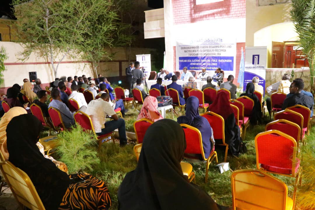 The open-air public forum on Puntland local elections at the KAAD Centre in Garowe, with panellists and a full audience